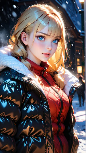 (4k), (masterpiece), (best quality),(extremely intricate), (realistic), (sharp focus), (award winning), (cinematic lighting), (extremely detailed), (clear image), (high-definition), (anatomically correct), (female), (perfect body), (blonde hair), (blue eyes), (wearing a winter jacket with hood), (standing outside), (Slavic features), (heavy snowfall), (looking at viewer), (stunning eyes), (snow is falling), (closeup), (snowstorm), 