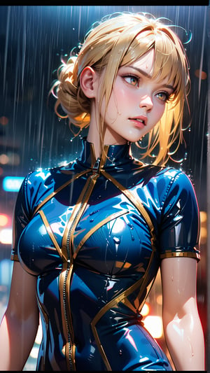 (4k), (masterpiece), (best quality),(extremely intricate), (realistic), (sharp focus), (award winning), (cinematic lighting), (extremely detailed), (clear image), (high-definition), (anatomically correct), (female), (perfect body), (blonde hair), (blue gold-specked eyes), (standing in rain), (hair, skin and clothes wet), (wearing normal clothes)