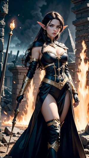 A high-definition masterpiece of an image showcases a stunning female mage, a high-elf with striking black hair and piercing blue eyes. She stands amidst a chaotic battlefield, casting intricate spells as demonic forces surround her. Cinematic lighting illuminates the scene, highlighting the hyper-realistic textures of her magical attire and the detailed, award-winning background. The 4K image is crystal clear, capturing every aspect of this epic struggle between good and evil.