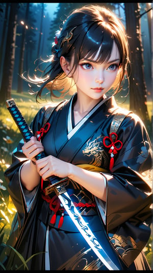 (4k), (masterpiece), (best quality),(extremely intricate), (realistic), (sharp focus), (award winning), (cinematic lighting), (extremely detailed), (clear image), (high-definition), (anatomically correct), (female), (black hair), (dark blue eyes), (hair in Japanese style), (Black Japanese kimono with pattern), (holding a single katana two handed), (blade has blue accents), (hilt has dragon design), (standing in moonlit clearing in forest), (can see breath), (night time), (moonlight), (meadow), (combat), (field), 