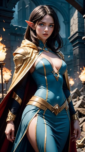 A high-definition masterpiece of an image showcases a stunning female mage, a high-elf with striking black hair and piercing blue eyes. She wears a bright white and gold cloak. She stands amidst a chaotic battlefield, casting intricate spells as demonic forces surround her. Cinematic lighting illuminates the scene, highlighting the hyper-realistic textures of her magical attire and the detailed, award-winning background. The 4K image is crystal clear, capturing every aspect of this epic struggle between good and evil.