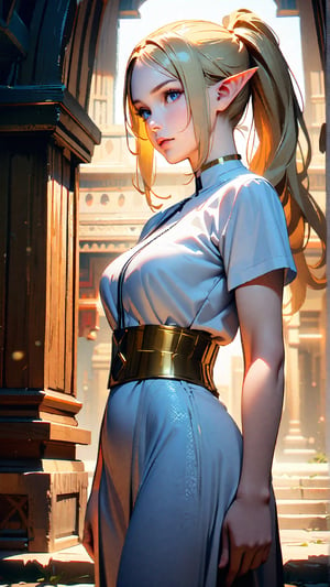 (4k), (masterpiece), (best quality),(extremely intricate), (realistic), (sharp focus), (award winning), (cinematic lighting), (extremely detailed), (anatomically correct), (high elf female), (beautiful young face), (perfect body), (very simple white outfit), (1girl), (standing in temple), (modest clothing), (blonde hair), (blue eyes), (perfect face), (hair in pony-tail)