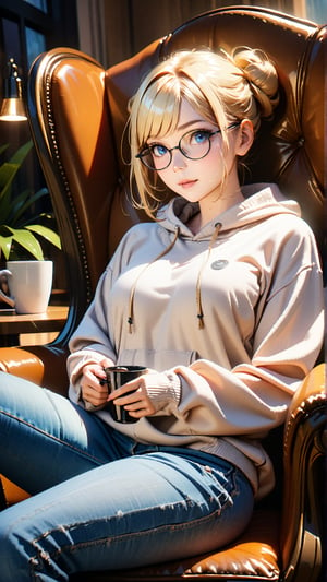 (4k), (masterpiece), (best quality),(extremely intricate), (realistic), (sharp focus), (award winning), (cinematic lighting), (extremely detailed), (clear image), (high-definition), (anatomically correct), (female), (perfect body), (blonde hair in bun), (blue eyes), (glasses), (wearing a hoodie and jeans), (sitting in a comfy chair), (holding a cup of coffee)
