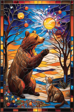 A stunning stained-glass artwork. A Brown bear wear a medical White coat he is facing the viewer, he Is healing a cat on the ground. The background is awash with hues of blue, orange, and yellow, depicting a night sky with floating little orbs and silhouettes of trees. At the bottom, there are dunes and sand, suggesting a arabic theme.