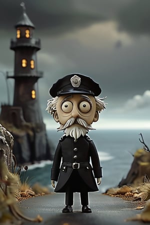 A stunning pupped doll artwork. Imagine  ((creepy policeman)), he has (black uniform and hat:1.4) short White hair, scruff White beard moves away with its back to the observer on a road with mountains on the left and the sea on the right (((a circular ruined tower on a promontory overlooking the sea))) Everything is depicted as if it were a masterpiece of animated puppets. The image is in high resolution and features dark and gloomy tones, typical of the horror style of Tim Burton’s animations.