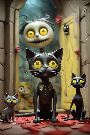 A stunning pupped doll artwork. Imagine  ((creepy black and white cat)), with Yellow eyes (on a Wall with pièces of glass:1.5), She smiles to a  ((creepy big black as a boy cat)) a Red moon shines up in the sky. Everything is depicted as if it were a masterpiece of animated puppets. The image is in high resolution and features dark and gloomy tones, typical of the horror style of Tim Burton’s animations