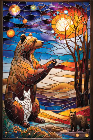 A stunning stained-glass artwork. A Brown bear wears a (medical White coat:1.5) he is facing the viewer, he Is healing a cat on the ground. The background is awash with hues of blue, orange, and yellow, depicting a night sky with floating little orbs and silhouettes of trees. At the bottom, there are dunes and sand, suggesting a arabic theme.