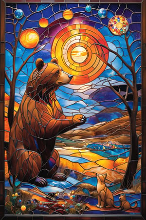 A stunning stained-glass artwork. A Brown bear wear a medical White coat he is facing the viewer, he Is healing a cat on the ground. The background is awash with hues of blue, orange, and yellow, depicting a night sky with floating little orbs and silhouettes of trees. At the bottom, there are dunes and sand, suggesting a arabic theme.