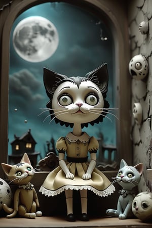 A stunning pupped doll artwork. Imagine  ((creepy black and white cat)), (on a Wall with pièces of glass:1.5), She cryes to a  (big Moon with face:1.4) up in the sky. Everything is depicted as if it were a masterpiece of animated puppets. The image is in high resolution and features dark and gloomy tones, typical of the horror style of Tim Burton’s animations