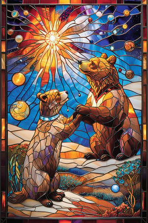 A stunning stained-glass artwork. A Brown bear wears a (medical White coat:1.5) he is facing the viewer, he Is healing a cat on the ground. The background is awash with hues of blue, orange, and yellow, depicting a night sky with floating little orbs and silhouettes of trees. At the bottom, there are dunes and sand, suggesting a arabic theme.
