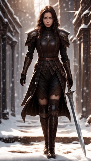 Realistic female  worrior , full body field , detailed realistic focused high quality face, high perfect sharp eyes, holding sharp swords, furious suitation in place, face, backround snow , adventures, holding sharp swords symmentric fingers, hands, , holding huge spear and shield, realistic HD face, 