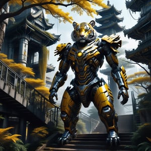 masterpiece,realestic, best quality,mecha tiger, yellow eyes,pieceful face, delicate eyes, majestic face, tree, stairs, standing, tiger in mecha suit, temple, looking at viewer, from below, looking forward, ((Mecha)), Cyberpunk, CyberMechatiger,N.A.WhitetailDeer,cyborg style