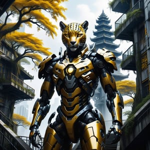 masterpiece,realestic, best quality,mecha leoperd, yellow eyes,pieceful face, delicate eyes, majestic face, tree, stairs, standing, jaguar in mecha suit, temple, looking at viewer, upper body, from below, looking forward, ((Mecha)), Cyberpunk, CyberMechaleoperd,N.A.WhitetailDeer,cyborg style