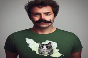 A 40-year-old man with curly mustaches, no beard, wearing a green t-shirt with a map of Iran (resembling a cat) designed on it, without the cat image