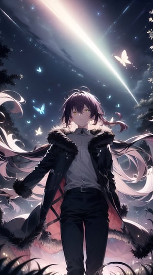 An angle from below. A spooky forest at night. The night sky is beautiful. Lots of butterflies and light particles are dancing.
The Demon King makes a big jump into the sky. He is cool, manly and very handsome, around 30 years old, with a calm and mature atmosphere, long reddish purple hair and a flashy long fur coat.