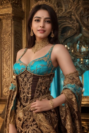 A stunning Indian woman, 28 years young, posed in a vibrant turquoise palace with ornate rococo fixtures and exquisite decorative details. She wears a pin-up dress, full skirt, tight top, lace corset, belts, and choker. Her dark brown hair is straight and smooth, framing her face with its medium length. Her shapely physique is toned and detailed, with intricate skin and facial features. Her fingers and hands are delicately rendered, as she smiles with a dynamic pose amidst the elaborate urns with flowers and bronze filigree. The lighting is dramatic, with sharp focus and dark tones, creating an immersive experience in 8K UHD HDR quality.