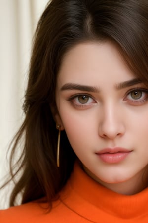 A portrait of a stunning young woman with a beautiful face, adorned with delicate earrings, gazes directly at the camera. She wears an orange turtleneck sweater that reaches up to her chin, framing her features. Her short, dark hair is styled simply, and she has a small pimple on her cheek. The scene is set against a plain, uncluttered background, allowing her captivating face to take center stage.