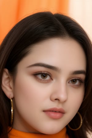 A portrait of a stunning young woman with a beautiful face, adorned with delicate earrings, gazes directly at the camera. She wears an orange turtleneck sweater that reaches up to her chin, framing her features. Her short, dark hair is styled simply, and she has a small pimple on her cheek. The scene is set against a plain, uncluttered background, allowing her captivating face to take center stage.