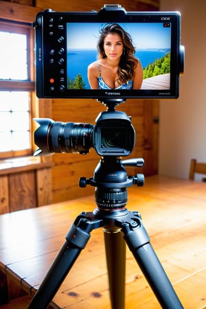 camera on a table, on the camera screen is the image of a woman,ral-embrglt