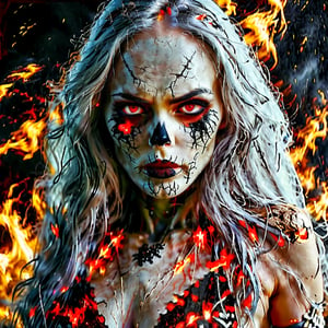 Beautiful barbaric woman walking towards the camera, skeleton body, long messy silver hair, red eyes, angry expression, evil and wicked smile, large aura of golden anger, parts of her bones showing on her body