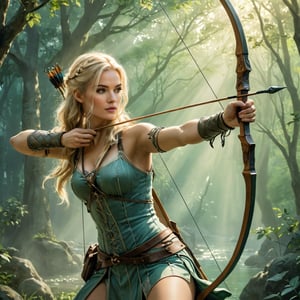 High-quality, 8K Ultra HD, blonde hair, in this ethereal illustration captures a beautiful archer in a pale green haze, while Leonardo da Vinci's play of light and shadow adds enigmatic depth, incredible color, and more XL detail.