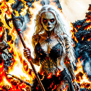 Beautiful barbaric woman walking towards the camera, skeleton body, holding a fire spear, long messy silver hair, red eyes, angry expression, evil and wicked smile, large aura of golden anger, parts of her bones showing on her body