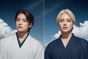Majestic dual portrait of Japanese male idols, attired in ornate black and white ancient garb, amidst a serene Tai Chi-inspired backdrop harmonizing blue and white hues with celestial elements: stars, clouds, and birds. Golden paint splashes add an air of mythology as the subjects are depicted from multiple angles, exuding an aura of elegance and otherworldliness.