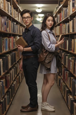 A handsome man and a beautiful woman brush past each other in an old-fashioned bookstore. Each holding a book, they stand back-to-back in the narrow aisle, accidentally bumping into each other. They both turn slightly, looking at each other with surprised expressions. The man is tall and slim, wearing a dark shirt, dress pants, leather shoes, and black glasses. The woman has a graceful demeanor, dressed in a light blue, striped shirt-dress, white canvas shoes, with a leather jacket draped over her shoulders and a crossbody bag.