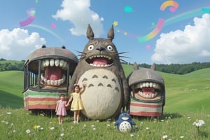 A colorful countryside scene from a Japanese animation. The iconic giant Totoro, with its round body and gray fur, stands next to a large, striped, cat-like bus with wide, grinning mouths. Two young girls, one in a yellow dress and the other in pink, mimic their expressions with wide-open mouths. Smaller, whimsical creatures, including a tiny blue and white Totoro, join in. The background features rolling green hills and a bright, vibrant sky filled with clouds. The scene is full of joy and magical charm, capturing a playful moment.