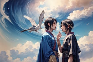 Majestic dual portrait of Japanese male idols, attired in ornate black and white ancient garb, amidst a serene Tai Chi-inspired backdrop harmonizing blue and white hues with celestial elements: stars, clouds, and birds. Golden paint splashes add an air of mythology as the subjects are depicted from multiple angles, exuding an aura of elegance and otherworldliness.,niji style,watercolor