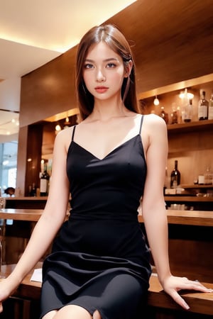 A sexy girl in a black dress was sitting in front of the bar in a high-altitude bar, holding a glass of wine and looking at the bartender with confused eyes.