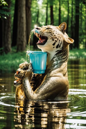 (best quality, masterpiece, ultra-detailed, 32k:1.2), wildlife photography editorial, a gold panther drinking from a river, crystal clear water, vivid reflections, looking at the photographer, natural light, glittery