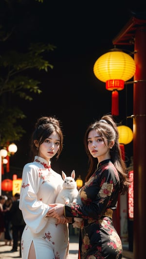 Two beautiful girls, holding a rabbit, white_skin, black-hair, very long hair, Good figure, 
Wear the light color traditional dress of the Han Chinese people, 
Background is Lantern Festival, many lantern,red light.