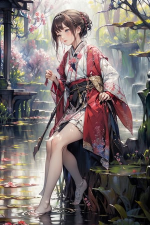 a girl sitting on a rock in the water, fantasy art, beautiful pink little alien girl, soft light misty yoshitaka amano, very sad emotion, reflecting flower, her hands are red roots, magali villeneuve and monet, detailed art in color, little girl, sitting at a pond, timid,1 girl, masterpiece,best quality 