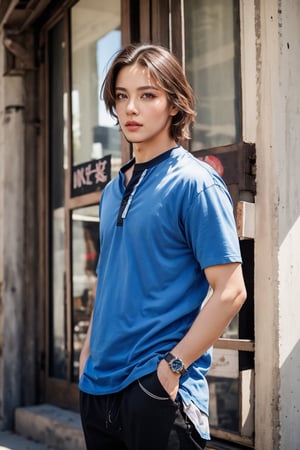 solo, looking at viewer, short hair, brown hair, shirt, 1boy, short sleeves, male focus, pants, shadow, facial hair, black pants, blue shirt, t-shirt, beard, watch, realistic, hands in pockets, stubble, wristwatch, chest hair, arm hair