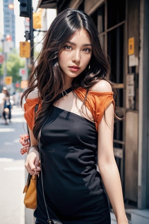 New York City,street, 20 yo, 1 girl, beautiful korean girl,walking,happy smile, wearing sexy tight dress,black simple dress(strap),shoulder bag,solo, {beautiful and detailed eyes}, dark eyes, calm expression, delicate facial features, ((model pose)), Glamor body type, (dark hair:1.2),hair_past_waist,curly hair,very long hair,simple tiny earrings, flim grain, realhands, masterpiece, Best Quality, 16k, photorealistic, ultra-detailed, finely detailed, high resolution, perfect dynamic composition, beautiful detailed eyes, eye smile, ((nervous and embarrassed)), sharp-focus, full_body, cowboy_shot,