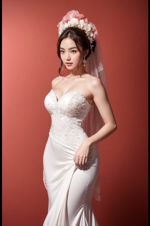 A charming portrait of a stunning bride: girl with wavy hair, body proportions 1:3. Her red silk Chinese style dragon and phoenix bridal gown glowed against a clear, vibrant background. The bride's elegant and intricate bridal hairstyle draws attention to her toned legs and alluring physique as she stands confidently in the camera.