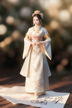 A miniature figure of an ancient Chinese Ancient style beauty wearing traditional Hanfu , walking on a white paper covered in minimalist calligraphy. Calligraphy is written around him, and the background adopts a Japanese writing style. The high angle perspective and perspective composition create a strong sense of three dimensionality. The sunlight shines in from above, casting warm shadows on it. The cool tones and soft lighting create a peaceful atmosphere. This scene was shot in close-up with a macro lens to highlight details. 