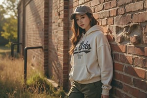 A beautiful young woman with an urban style leaning against a worn brick wall on a hot summer morning. She is dressed in an oversized hoodie, cargo pants, sneakers and a cap. The setting is an abandoned industrial area where youth gather. The lighting is intense from the summer sun emphasizing the colors of her outfit. The camera uses a medium shot with a 35mm lens, focusing on the young woman's rebellious and carefree attitude and the urban style. High resolution 4K image, with bokeh effects in the background to softly blur the surroundings, highlighting the beauty of the young woman.