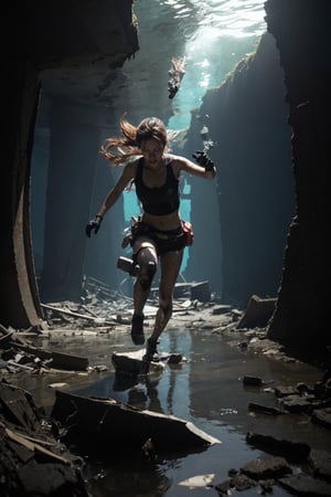 Here's a prompt for an image:

Lara Croft, dressed in adventurer attire, leaps from the depths of a derelict underwater ruin. The camera frames her mid-jump, just as she breaks through the surface of the water, illuminated by a faint, glistening glow emanating from within the ancient structure's crumbling walls. The surrounding darkness is punctuated only by the eerie glow and the scattered rubble on the partially submerged floor, with broken plaster and worn-out floorboards visible in the distance. Her wet clothing clings to her body as she emerges into the dimly lit atmosphere of this forgotten tomb.