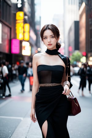A stunning 20-year-old Korean girl walks solo down a bustling New York City street, exuding confidence with her happy smile. She wears a tight, black strapless dress that accentuates her glamor body type, paired with a shoulder bag and curly hair cascading past her waist. Her dark eyes sparkle with a calm expression, delicate facial features, and tiny earrings add to the masterpiece's photorealistic quality. The camera captures her beauty from a sharp-focus cowboy shot, showcasing her real hands and ultra-detailed features in high-resolution perfection.
 (Emma Watson:0.8),(Song Hye-gyo:1.1),