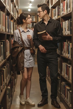 A handsome man and a beautiful woman brush past each other in an old-fashioned bookstore. Each holding a book, they stand back-to-back in the narrow aisle, accidentally bumping into each other. They both turn slightly, looking at each other with surprised expressions. The man is tall and slim, wearing a dark shirt, dress pants, leather shoes, and black glasses. The woman has a graceful demeanor, dressed in a light blue, striped shirt-dress, white canvas shoes, with a leather jacket draped over her shoulders and a crossbody bag.