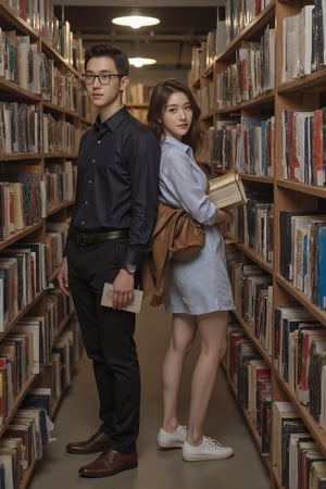 A handsome man and a beautiful woman brush past each other in an old-fashioned bookstore. Each holding a book, they stand back-to-back in the narrow aisle, accidentally bumping into each other. They both turn slightly, looking at each other with surprised expressions. The man is tall and slim, wearing a dark shirt, dress pants, leather shoes, and black glasses. The woman has a graceful demeanor, dressed in a light blue, striped shirt-dress, white canvas shoes, with a leather jacket draped over her shoulders and a crossbody bag.