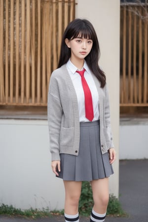 1girl,black-hair,(blunt_bangs),18 years old,school_uniform,knit cardigan,gray skirt,red tie,loose socks,