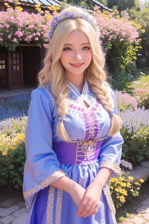 1girl, beautiful young woman, blonde, smiling, (in beautiful Ukrainian national costume of light purple-blue color), sunny day, botanical garden, realistic,wrenchmicroarch,comb hair