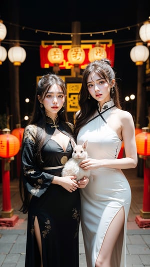 Two beautiful girls, holding a rabbit, white_skin, black-hair, very long hair, Good figure, 
Wear the light color traditional dress of the Han Chinese people, 
Background is Lantern Festival, many lantern,red light.