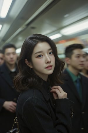 Photorealistic,cinematic portrait with slow-shutter blur,inspired by Wong Kar-wai's films,in a retro,creative,and dreamy tone,with a soft focus effect,capturing the hustle and bustle of a Hong Kong street,at a subway station,with people moving in and out of focus,creating a sense of motion blur,and a deep,mysterious gaze,evoking an artistic atmosphere.