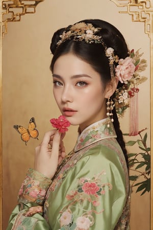 This is a photo showing a woman wearing traditional Chinese clothing, reflecting a historical or period style. The subject of the photo is the woman, wearing a bright, richly decorated and intricately embroidered dress. On her head is a special black hat decorated with a large pink flower and a golden butterfly. The background is composed of lush green foliage, suggesting a natural outdoor scene. The focus of the composition is the calm and dignified facial expression of the woman as she gently holds the leaf. This image exudes the essence of cultural richness, elegance and history.32k,