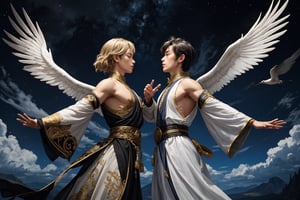 Majestic dual portrait of Japanese male idols, attired in ornate black and white ancient garb, amidst a serene Tai Chi-inspired backdrop harmonizing blue and white hues with celestial elements: stars, clouds, and birds. Golden paint splashes add an air of mythology as the subjects are depicted from multiple angles, exuding an aura of elegance and otherworldliness.,AIDA_LoRA_AnC