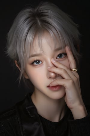 Asian portrait,A portrait of a person with short silver hair,partially illuminated by a narrow beam of light,wearing a black outfit,hand covers part of the face,showcasing minimalistic rings on fingers,makeup is subtle with attention on eyes and lips,expression appears contemplative,shadows enhance the dramatic effect,composition is intimate,color scheme relies on dark tones and highlights,the close-up angle emphasizes emotional depth,scene gives an artistic and moody vibe.